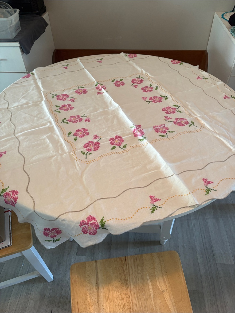 Vintage handmade Floral cross stitched Embroidered Tablecloth - Pink Rose Design